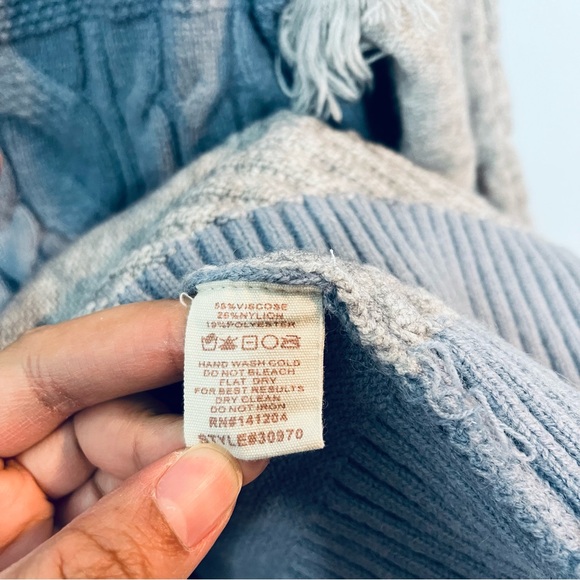 Patchwork Color Block Crew Sweater Sz Large Fringe Cable Knit Chunky Blue Gray - Picture 7 of 10